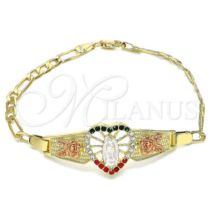 Pulsera Elegante 03.380.0082.1.08 Oro Laminado, Diseño de Guadalupe y Corazón, con Multicolor Cristal, Pulido, Tres Tonos (04 MM Thickness, 8 Inches Length)