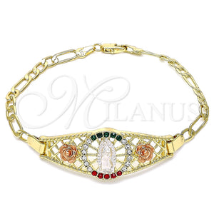 Pulsera Elegante 03.380.0084.08 Oro Laminado, Diseño de Guadalupe y Flor, con Multicolor Cristal, Pulido, Tres Tonos (04 MM Thickness, 8 Inches Length)