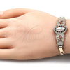 Pulsera Elegante 03.380.0085.08 Oro Laminado, Diseño de Guadalupe y Flor, con Blanca Cristal, Pulido, Tres Tonos (04 MM Thickness, 8 Inches Length)