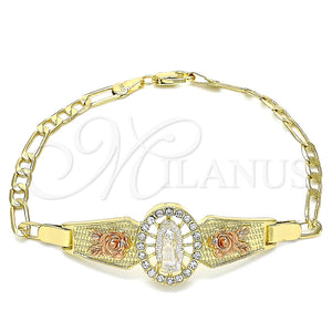 Pulsera Elegante 03.380.0085.08 Oro Laminado, Diseño de Guadalupe y Flor, con Blanca Cristal, Pulido, Tres Tonos (04 MM Thickness, 8 Inches Length)