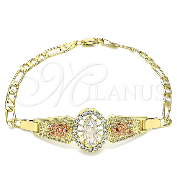 Pulsera Elegante 03.380.0085.08 Oro Laminado, Diseño de Guadalupe y Flor, con Blanca Cristal, Pulido, Tres Tonos (04 MM Thickness, 8 Inches Length)