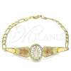Pulsera Elegante 03.380.0085.08 Oro Laminado, Diseño de Guadalupe y Flor, con Blanca Cristal, Pulido, Tres Tonos (04 MM Thickness, 8 Inches Length)