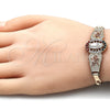 Pulsera Elegante 03.380.0085.1.08 Oro Laminado, Diseño de Guadalupe y Flor, con Multicolor Cristal, Pulido, Tres Tonos (04 MM Thickness, 8 Inches Length)