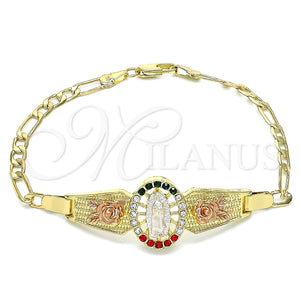 Pulsera Elegante 03.380.0085.1.08 Oro Laminado, Diseño de Guadalupe y Flor, con Multicolor Cristal, Pulido, Tres Tonos (04 MM Thickness, 8 Inches Length)