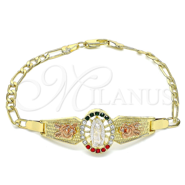 Pulsera Elegante 03.380.0085.1.08 Oro Laminado, Diseño de Guadalupe y Flor, con Multicolor Cristal, Pulido, Tres Tonos (04 MM Thickness, 8 Inches Length)