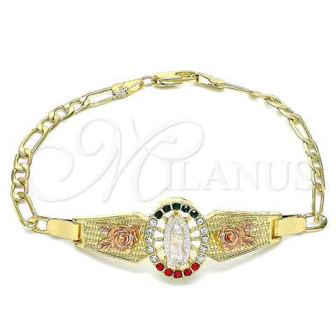 Pulsera Elegante 03.380.0085.1.08 Oro Laminado, Diseño de Guadalupe y Flor, con Multicolor Cristal, Pulido, Tres Tonos (04 MM Thickness, 8 Inches Length)