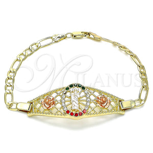 Pulsera Elegante 03.380.0087.08 Oro Laminado, Diseño de San Judas y Flor, con Multicolor Cristal, Pulido, Tres Tonos (04 MM Thickness, 8 Inches Length)