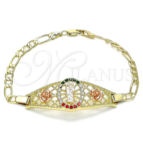 Pulsera Elegante 03.380.0087.08 Oro Laminado, Diseño de San Judas y Flor, con Multicolor Cristal, Pulido, Tres Tonos (04 MM Thickness, 8 Inches Length)