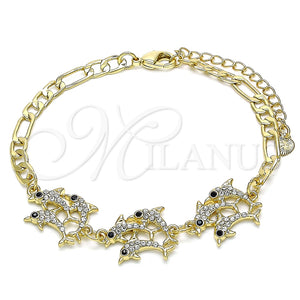 Pulsera Elegante 03.380.0088.08 Oro Laminado, Diseño de Delfín, con Blanca and Negro Cristal, Pulido, Tono Dorado (04 MM Thickness, 8 Inches Length)