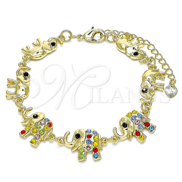 Pulsera Elegante 03.380.0090.07 Oro Laminado, Diseño de Elefante, con Multicolor Cristal, Pulido, Tono Dorado (09 MM Thickness, 7 Inches Length)