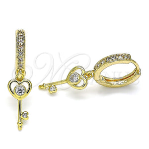 Argolla Huggie 02.368.0003.15 Oro Laminado, Diseño de Llave y Corazón, con Blanca Zirconia Cubica and Blanca Micro Pave, Pulido, Tono Dorado
