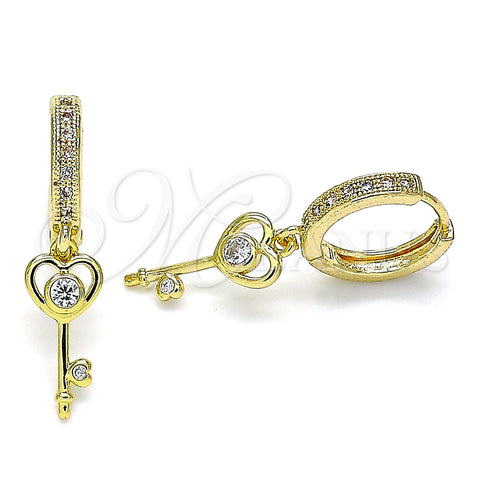 Argolla Huggie 02.368.0003.15 Oro Laminado, Diseño de Llave y Corazón, con Blanca Zirconia Cubica and Blanca Micro Pave, Pulido, Tono Dorado