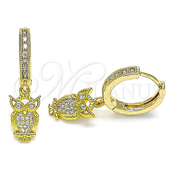 Argolla Huggie 02.368.0007.15 Oro Laminado, Diseño de Búho, con Blanca Micro Pave, Pulido, Tono Dorado