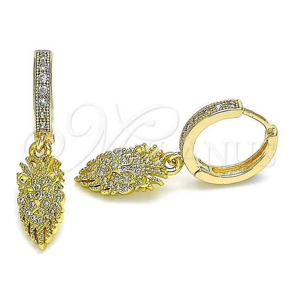Argolla Huggie 02.368.0008.15 Oro Laminado, Diseño de Leon, con Blanca Micro Pave, Pulido, Tono Dorado