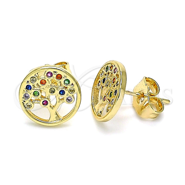 Arete Dormilona 02.156.0531.1 Oro Laminado, Diseño de Ãrbol, con Multicolor Micro Pave, Pulido, Tono Dorado