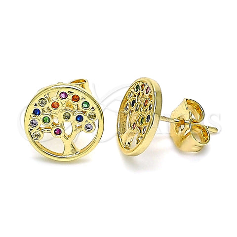 Arete Dormilona 02.156.0531.1 Oro Laminado, Diseño de Ãrbol, con Multicolor Micro Pave, Pulido, Tono Dorado