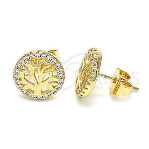 Arete Dormilona 02.156.0533 Oro Laminado, Diseño de Ãrbol, con Blanca Micro Pave, Pulido, Tono Dorado