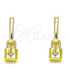 Argolla Huggie 02.368.0025.10 Oro Laminado, Diseño de Candado y Trébol de Cuatro Hojas, con Blanca Zirconia Cubica, Pulido, Tono Dorado