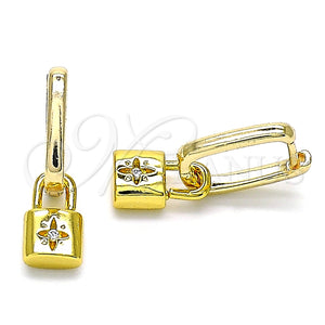 Argolla Huggie 02.368.0025.10 Oro Laminado, Diseño de Candado y Trébol de Cuatro Hojas, con Blanca Zirconia Cubica, Pulido, Tono Dorado