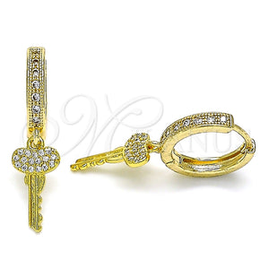 Argolla Huggie 02.368.0049.15 Oro Laminado, Diseño de Llave, con Blanca Micro Pave, Pulido, Tono Dorado