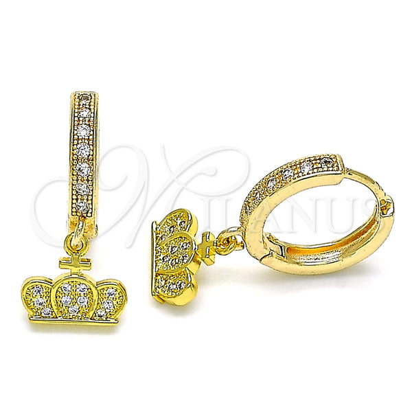 Argolla Huggie 02.368.0077.15 Oro Laminado, Diseño de Corona, con Blanca Micro Pave, Pulido, Tono Dorado