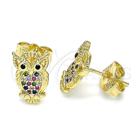 Arete Dormilona 02.156.0546.1 Oro Laminado, Diseño de Búho, con Multicolor Micro Pave, Pulido, Tono Dorado