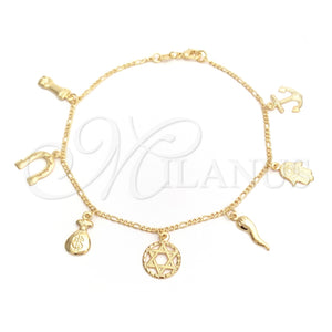 Tobillera de Dije 03.32.0538.10 Oro Laminado, Diseño de Mano de Dios y Estrella de Davi, Pulido, Tono Dorado (03 MM Thickness, 10 Inches Length)