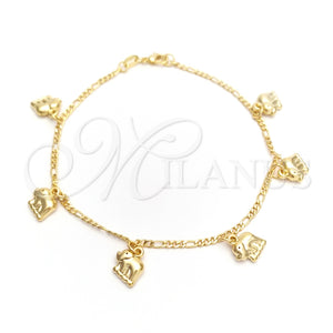 Tobillera de Dije 03.32.0539.10 Oro Laminado, Diseño de Elefante y Figaro, Pulido, Tono Dorado (03 MM Thickness, 10 Inches Length)