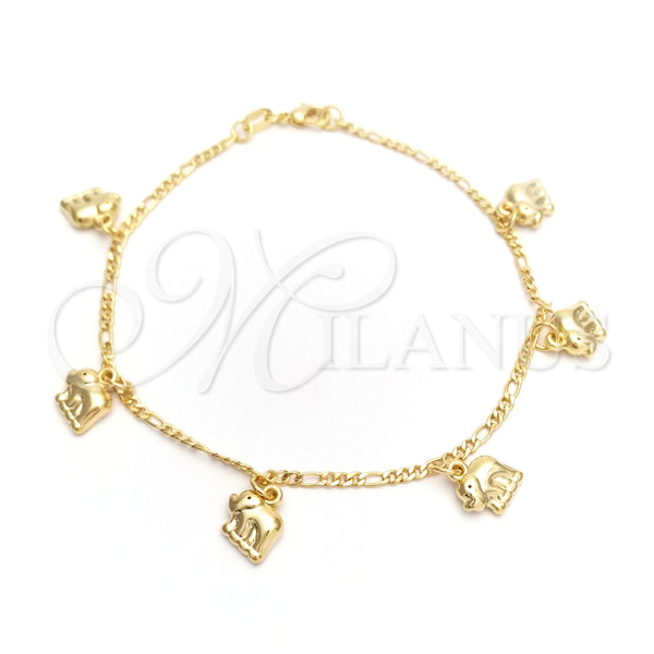 Tobillera de Dije 03.32.0539.10 Oro Laminado, Diseño de Elefante y Figaro, Pulido, Tono Dorado (03 MM Thickness, 10 Inches Length)