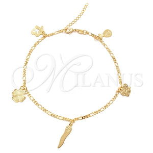 Tobillera de Dije 03.32.0540.10 Oro Laminado, Diseño de Trébol de Cuatro Hojas y Dinero, Pulido, Tono Dorado (03 MM Thickness, 10 Inches Length)