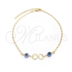 Tobillera de Dije 03.32.0541.10 Oro Laminado, Diseño de Ojo Griego y Infinito, Pulido, Tono Dorado (03 MM Thickness, 10 Inches Length)