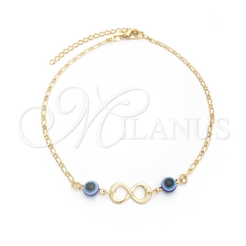 Tobillera de Dije 03.32.0541.10 Oro Laminado, Diseño de Ojo Griego y Infinito, Pulido, Tono Dorado (03 MM Thickness, 10 Inches Length)