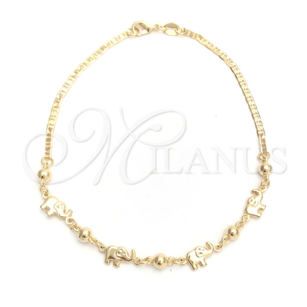 Tobillera de Dije 03.32.0544.10 Oro Laminado, Diseño de Elefante y Mariner, Pulido, Tono Dorado (03 MM Thickness, 10 Inches Length)