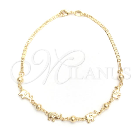 Tobillera de Dije 03.32.0544.10 Oro Laminado, Diseño de Elefante y Mariner, Pulido, Tono Dorado (03 MM Thickness, 10 Inches Length)