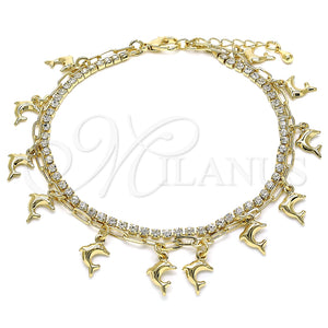 Tobillera de Dije 03.372.0007.10 Oro Laminado, Diseño de Delfín y Paperclip, con Blanca Cristal, Pulido, Tono Dorado (03 MM Thickness, 10 Inches Length)