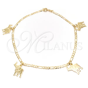 Tobillera de Dije 03.58.0001.10 Oro Laminado, Diseño de Elefante y Cubana Concava, Pulido, Tono Dorado (04 MM Thickness, 10 Inches Length)
