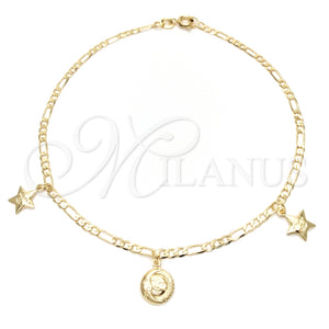 Tobillera de Dije 03.58.0002.10 Oro Laminado, Diseño de Luna y Estrella, Pulido, Tono Dorado (04 MM Thickness, 10 Inches Length)