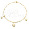 Tobillera de Dije 03.58.0002.10 Oro Laminado, Diseño de Luna y Estrella, Pulido, Tono Dorado (04 MM Thickness, 10 Inches Length)