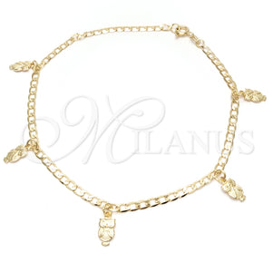 Tobillera de Dije 03.58.0005.10 Oro Laminado, Diseño de Búho y Cubana, Pulido, Tono Dorado (04 MM Thickness, 10 Inches Length)