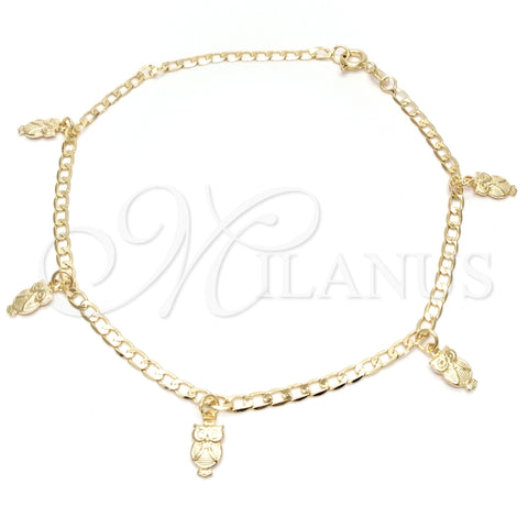 Tobillera de Dije 03.58.0005.10 Oro Laminado, Diseño de Búho y Cubana, Pulido, Tono Dorado (04 MM Thickness, 10 Inches Length)