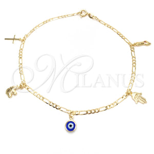 Tobillera de Dije 03.58.0007.10 Oro Laminado, Diseño de Ojo Griego y Elefante, Pulido, Tono Dorado (04 MM Thickness, 10 Inches Length)
