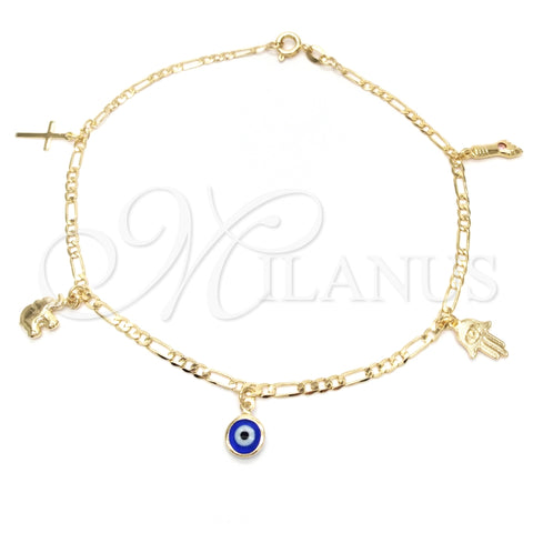 Tobillera de Dije 03.58.0007.10 Oro Laminado, Diseño de Ojo Griego y Elefante, Pulido, Tono Dorado (04 MM Thickness, 10 Inches Length)