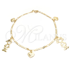 Tobillera de Dije 03.58.0009.10 Oro Laminado, Diseño de Niñita Pequeña y Niñito Pequeño, Pulido, Tono Dorado (04 MM Thickness, 10 Inches Length)