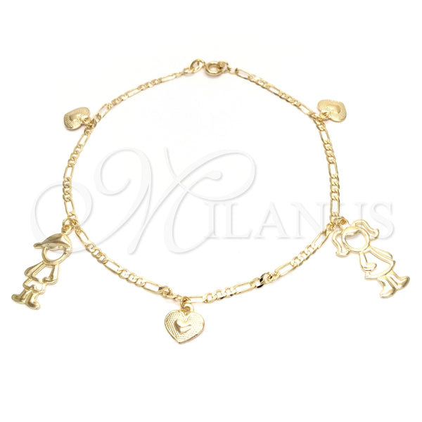 Tobillera de Dije 03.58.0009.10 Oro Laminado, Diseño de Niñita Pequeña y Niñito Pequeño, Pulido, Tono Dorado (04 MM Thickness, 10 Inches Length)