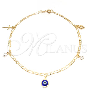 Tobillera de Dije 03.58.0012.10 Oro Laminado, Diseño de Ojo Griego y Cruz, Pulido, Tono Dorado (04 MM Thickness, 10 Inches Length)