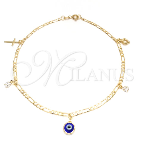 Tobillera de Dije 03.58.0012.10 Oro Laminado, Diseño de Ojo Griego y Cruz, Pulido, Tono Dorado (04 MM Thickness, 10 Inches Length)