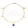 Tobillera de Dije 03.58.0012.10 Oro Laminado, Diseño de Ojo Griego y Cruz, Pulido, Tono Dorado (04 MM Thickness, 10 Inches Length)