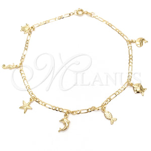 Tobillera de Dije 03.58.0015.10 Oro Laminado, Diseño de Delfín y Tortuga, Pulido, Tono Dorado (04 MM Thickness, 10 Inches Length)
