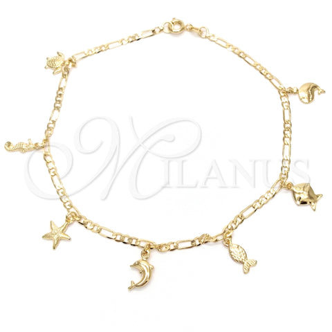 Tobillera de Dije 03.58.0015.10 Oro Laminado, Diseño de Delfín y Tortuga, Pulido, Tono Dorado (04 MM Thickness, 10 Inches Length)