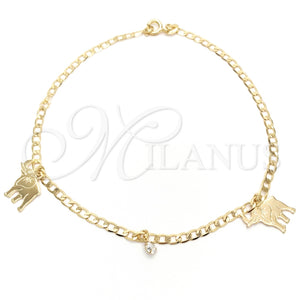 Tobillera de Dije 03.58.0016.10 Oro Laminado, Diseño de Elefante y Cubana, con Blanca Zirconia Cubica, Pulido, Tono Dorado (04 MM Thickness, 10 Inches Length)